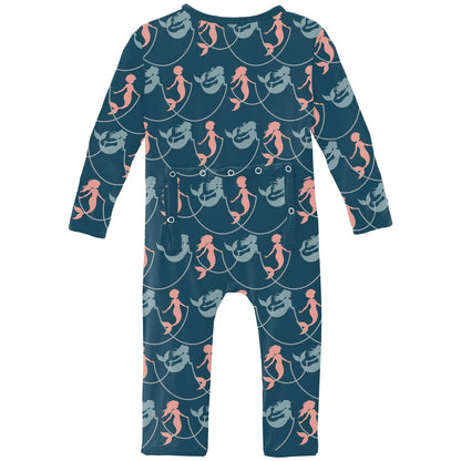 Print Coverall with 2 Way Zipper in Peacock Mermaids & Pearls