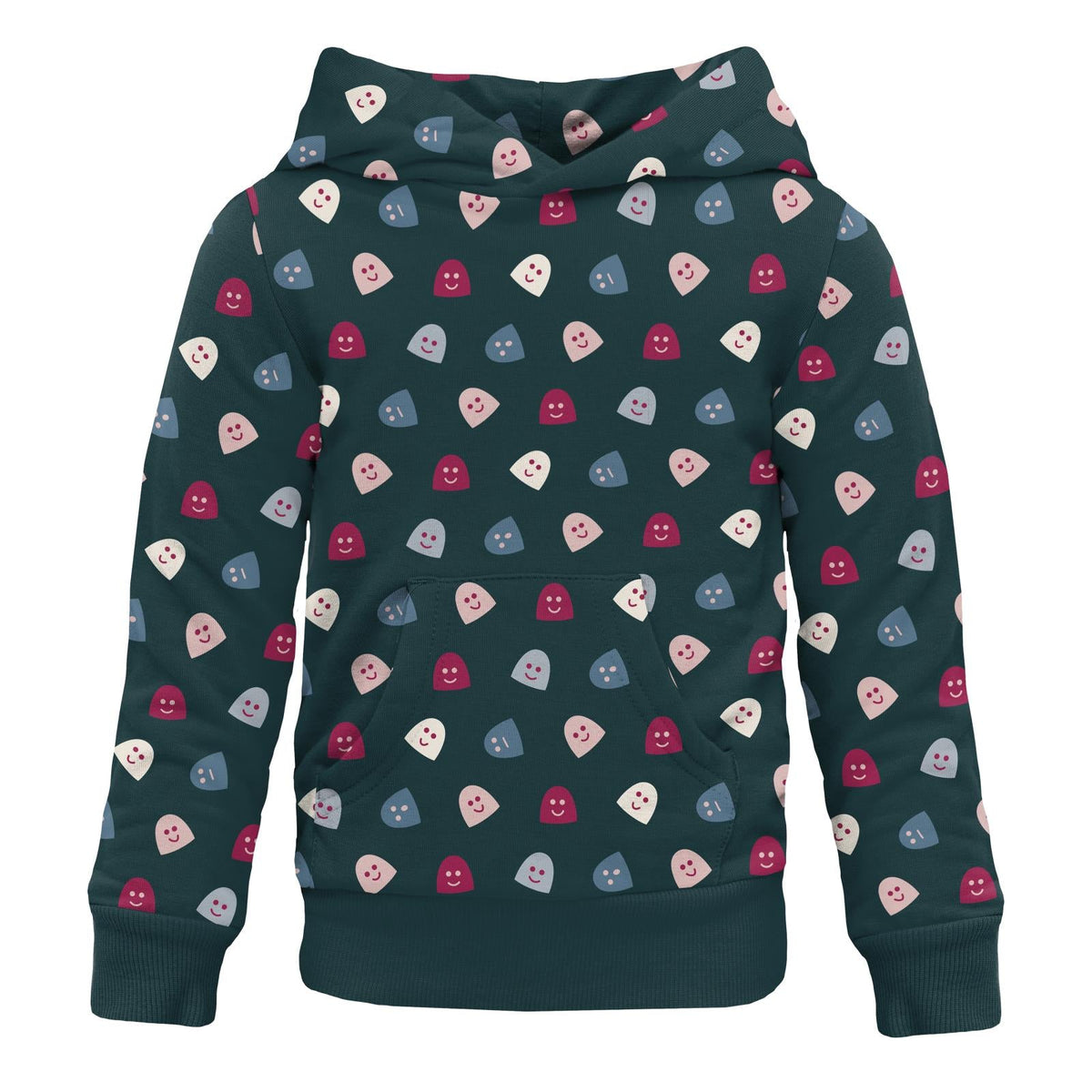 Print Fleece Kangaroo Pocket Pullover in Pine Happy Gumdrops