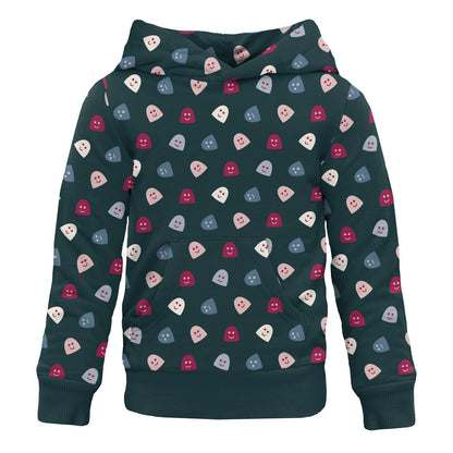 Print Fleece Kangaroo Pocket Pullover in Pine Happy Gumdrops
