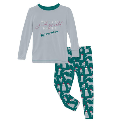 Long Sleeve Graphic Tee Pajama Set in Cedar Santa Dogs