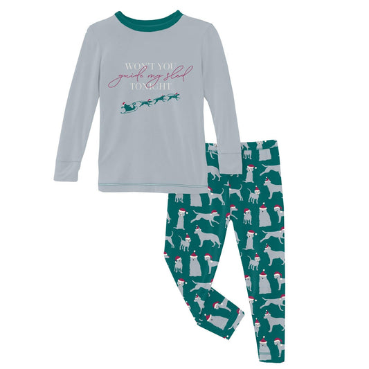 Long Sleeve Graphic Tee Pajama Set in Cedar Santa Dogs