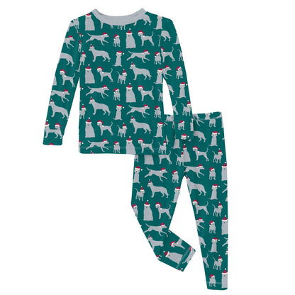 Print Long Sleeve Pajama Set in Cedar Santa Dogs