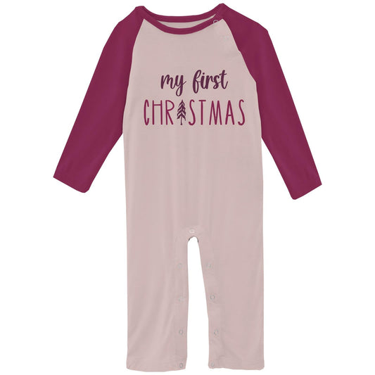 Long Sleeve Graphic Raglan Romper in Baby Rose My First Christmas