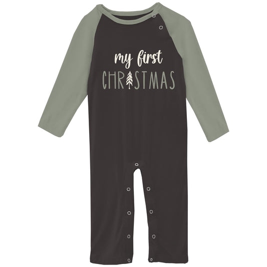 Long Sleeve Graphic Raglan Romper in Midnight My First Christmas