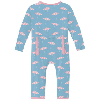 Print Coverall with 2 Way Zipper in Seaside Blue Beach Umbrellas