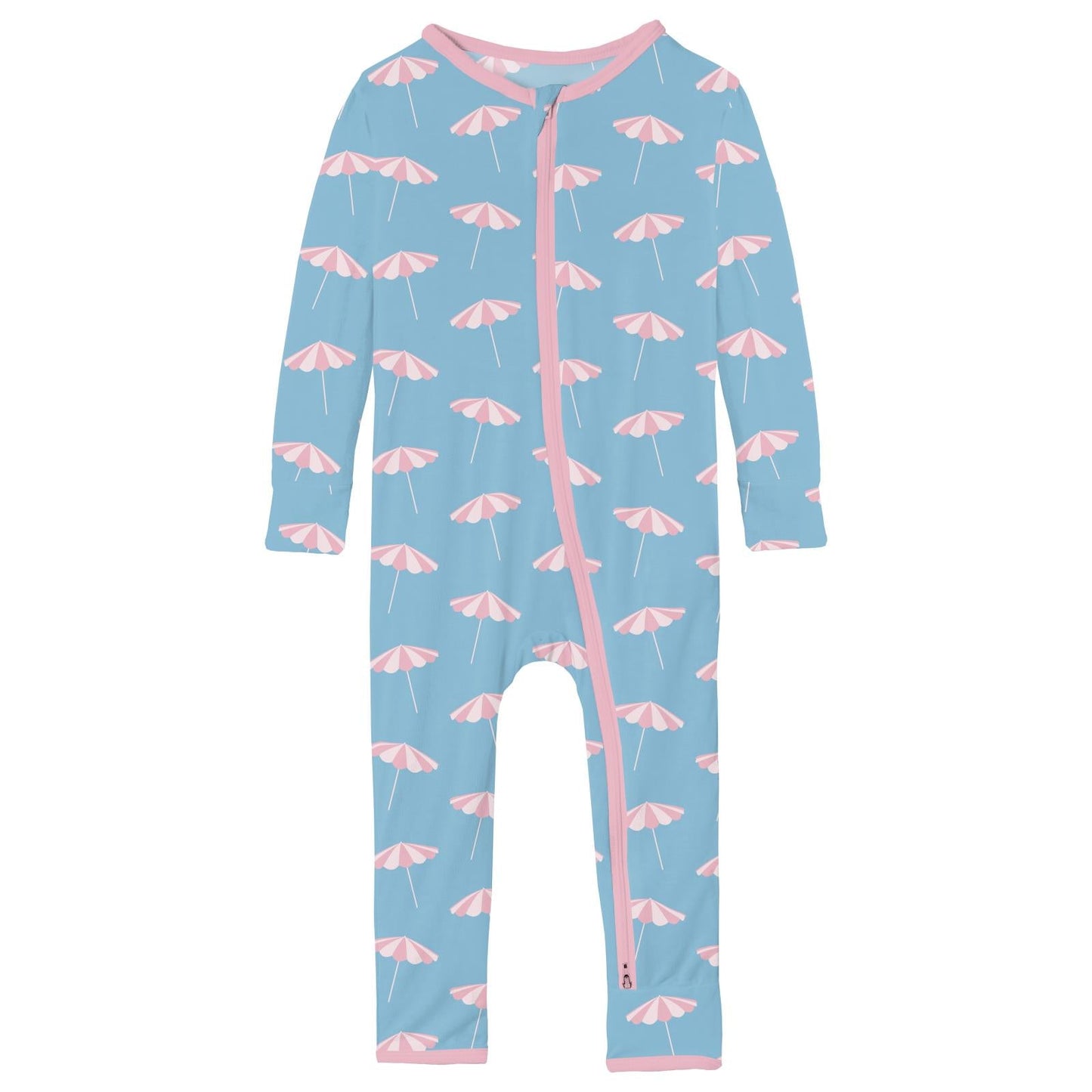 Print Coverall with 2 Way Zipper in Seaside Blue Beach Umbrellas
