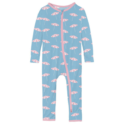 Print Coverall with 2 Way Zipper in Seaside Blue Beach Umbrellas