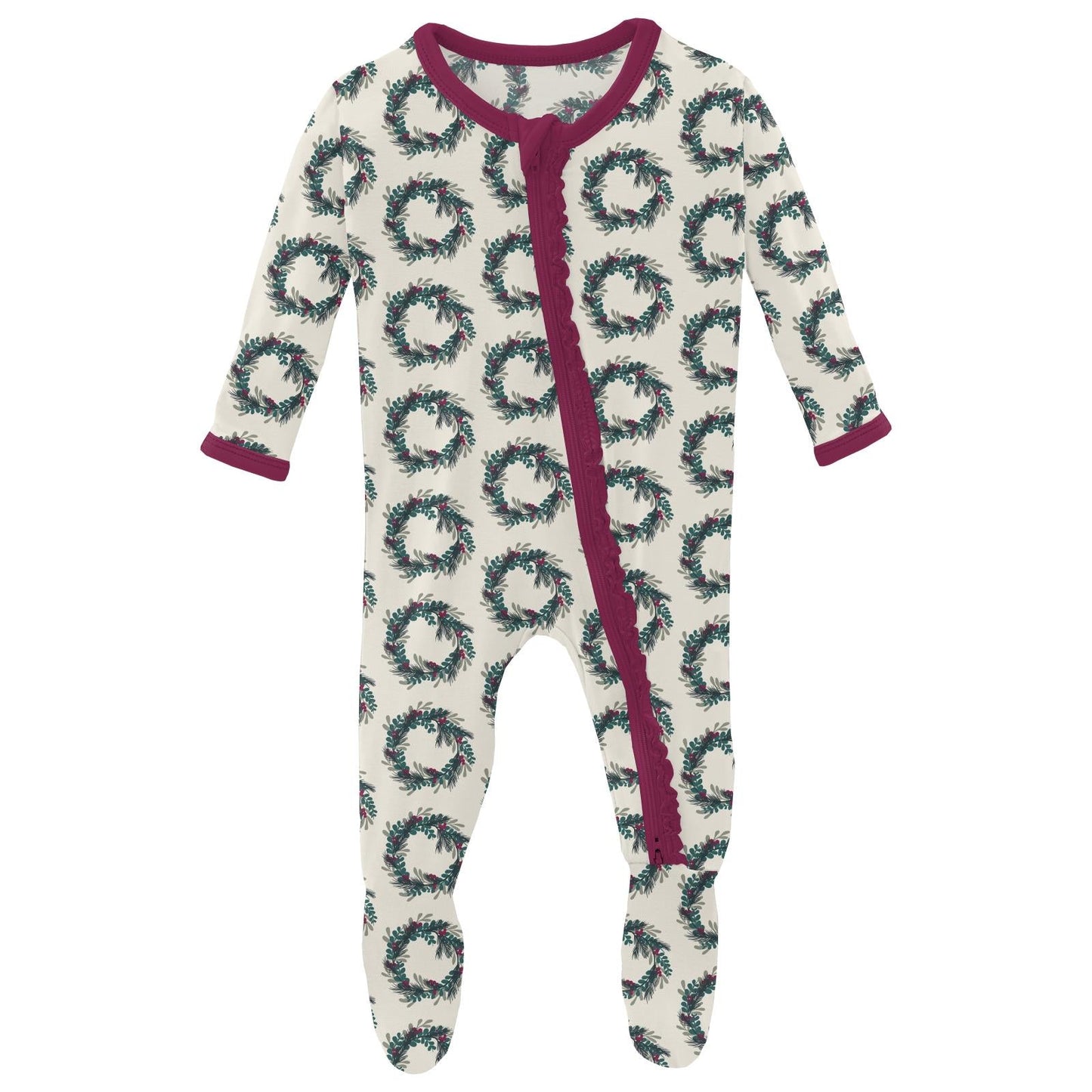 Print Muffin Ruffle Footie with 2 Way Zipper in Natural Holiday Wreath