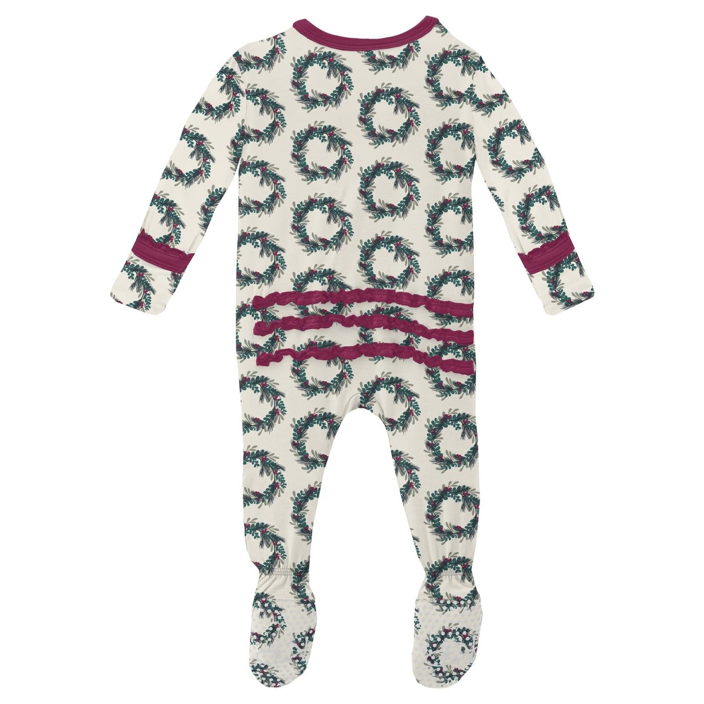 Print Muffin Ruffle Footie with 2 Way Zipper in Natural Holiday Wreath