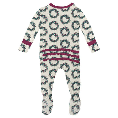 Print Muffin Ruffle Footie with 2 Way Zipper in Natural Holiday Wreath