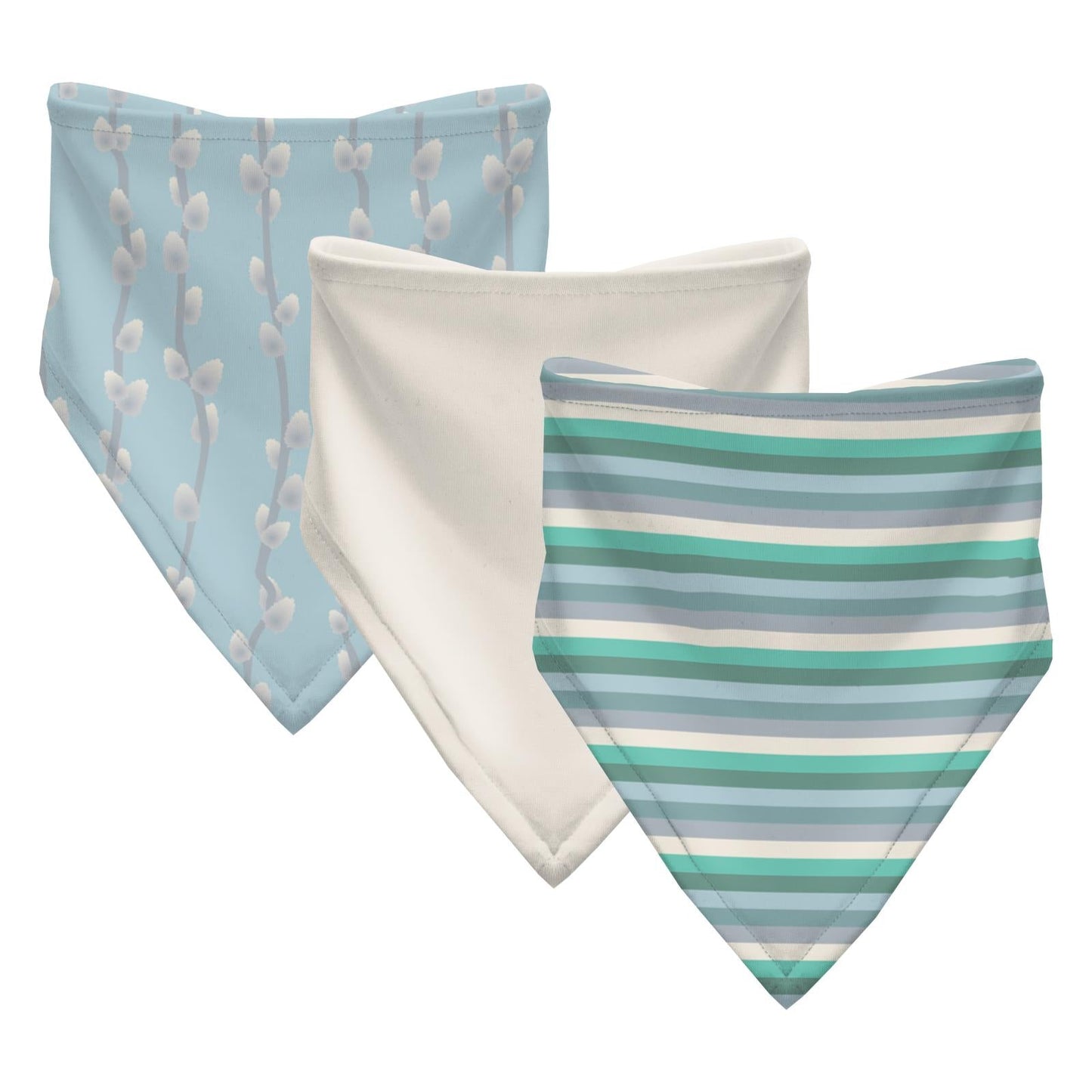 Print Bandana Bib Set of 3 in Spring Sky Pussy Willows, Natural and April Showers Stripe