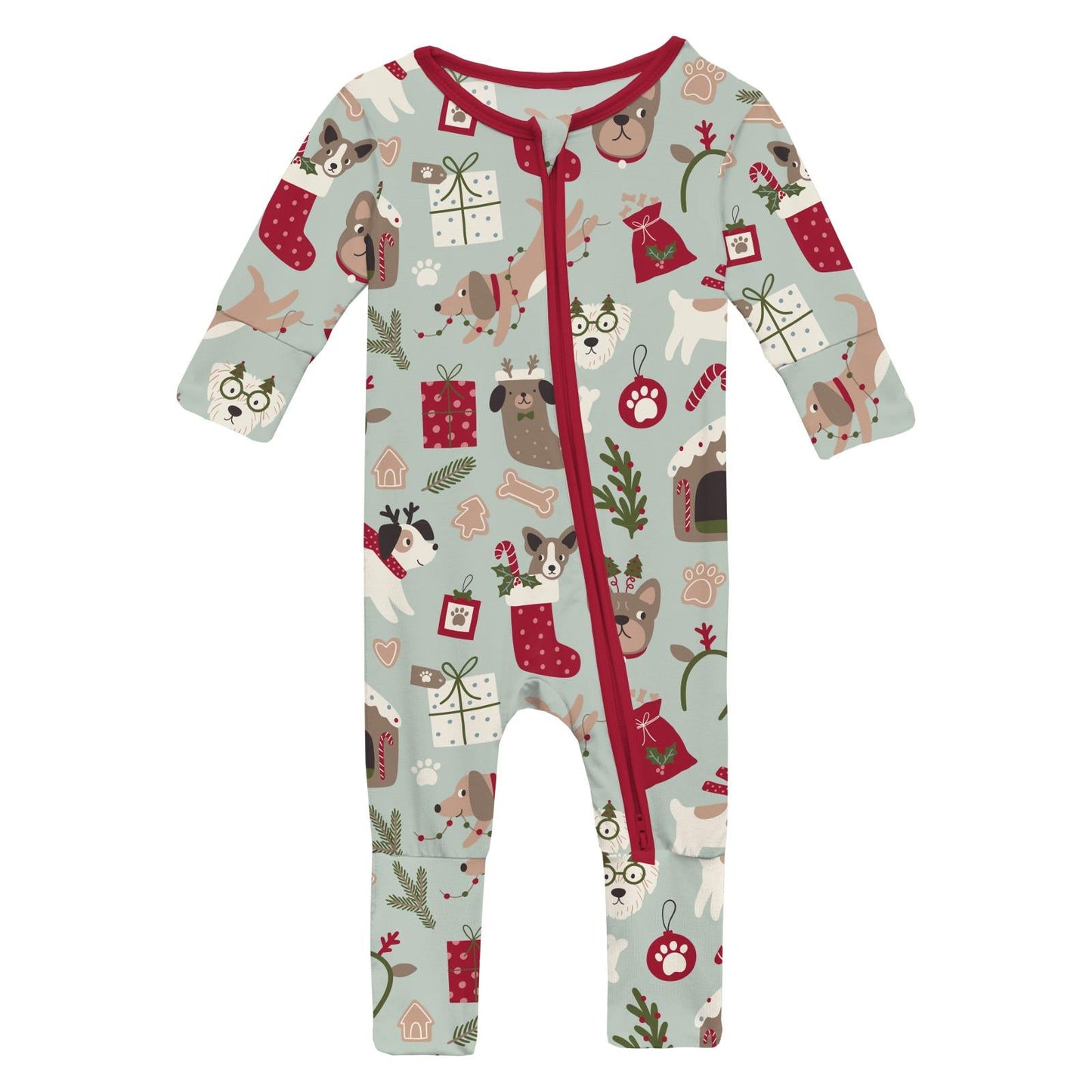 Print Convertible Coverall in Aloe Christmas Dogs