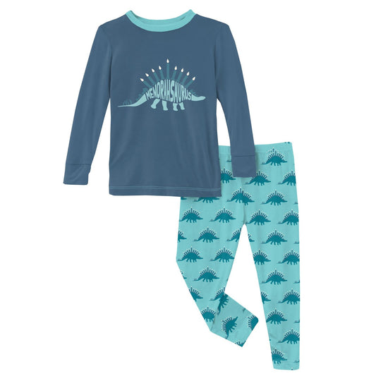 Long Sleeve Graphic Tee Pajama Set in Iceberg Menorahsaurus