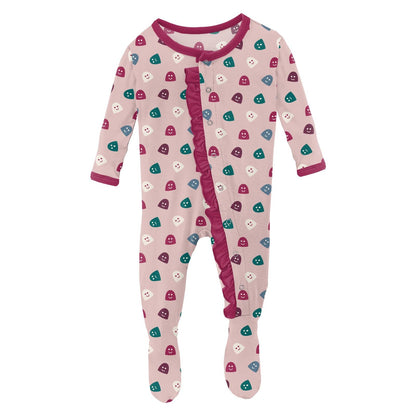 Print Layette Ruffle Footie with Snaps in Baby Rose Happy Gumdrops
