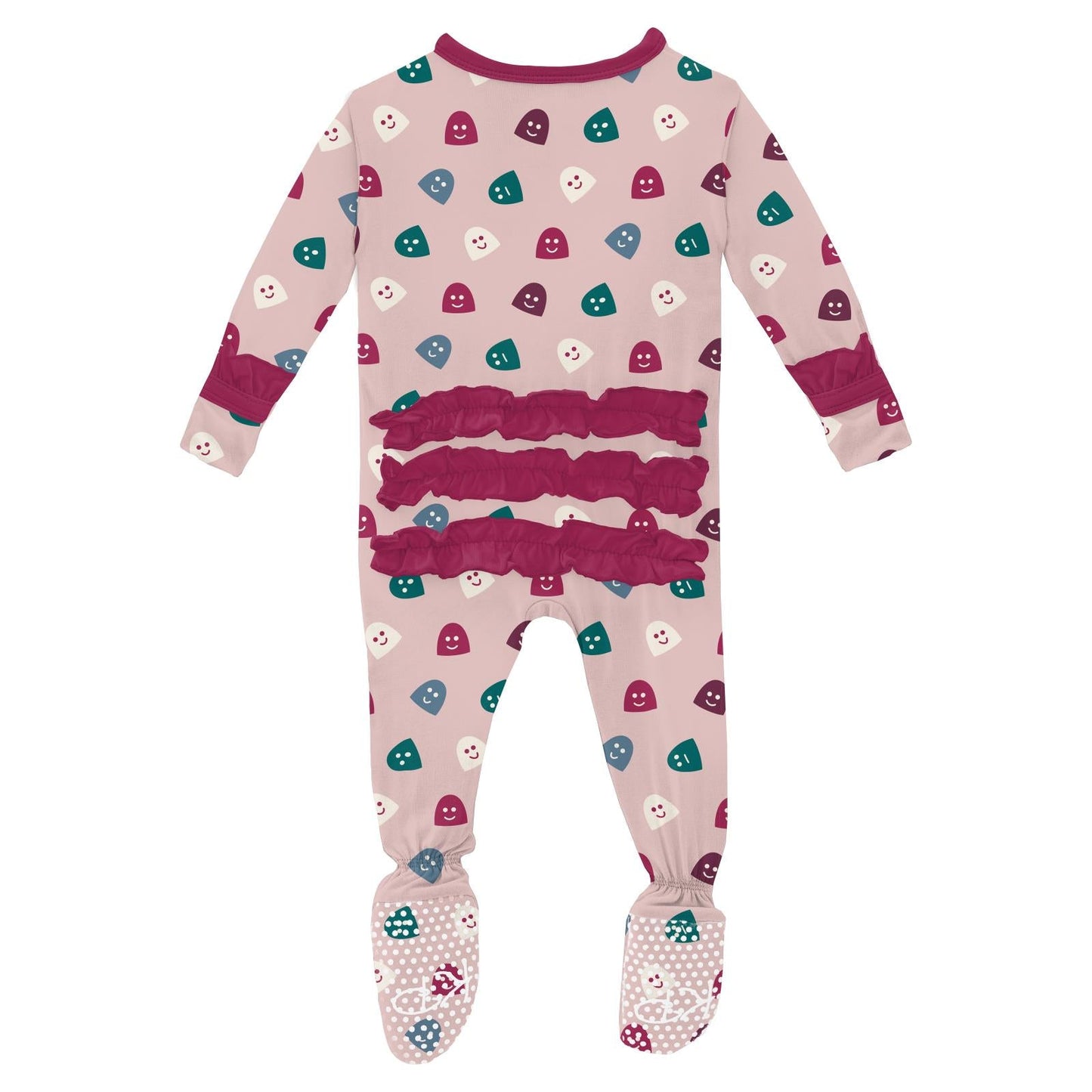 Print Layette Ruffle Footie with Snaps in Baby Rose Happy Gumdrops