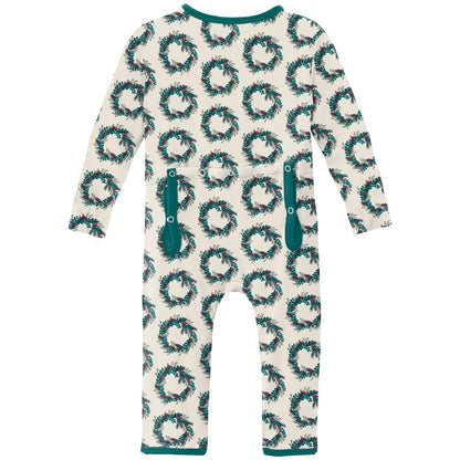 Print Coverall with 2 Way Zipper in Natural Holiday Wreath