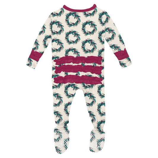 Print Layette Ruffle Footie with 2 Way Zipper in Natural Holiday Wreath