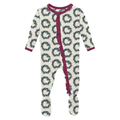 Print Layette Ruffle Footie with 2 Way Zipper in Natural Holiday Wreath