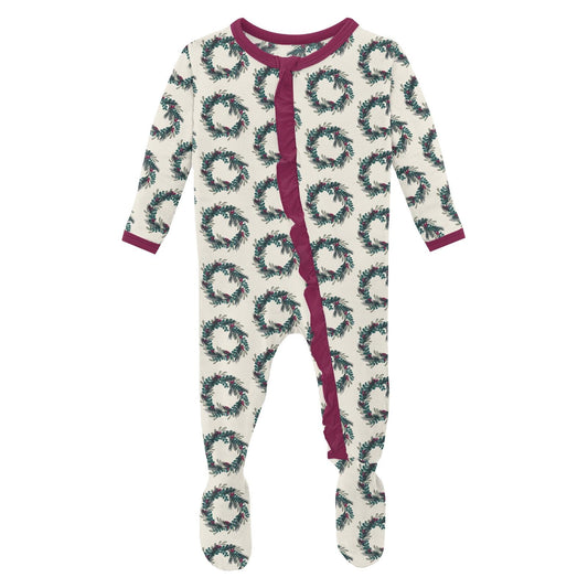 Print Layette Ruffle Footie with 2 Way Zipper in Natural Holiday Wreath
