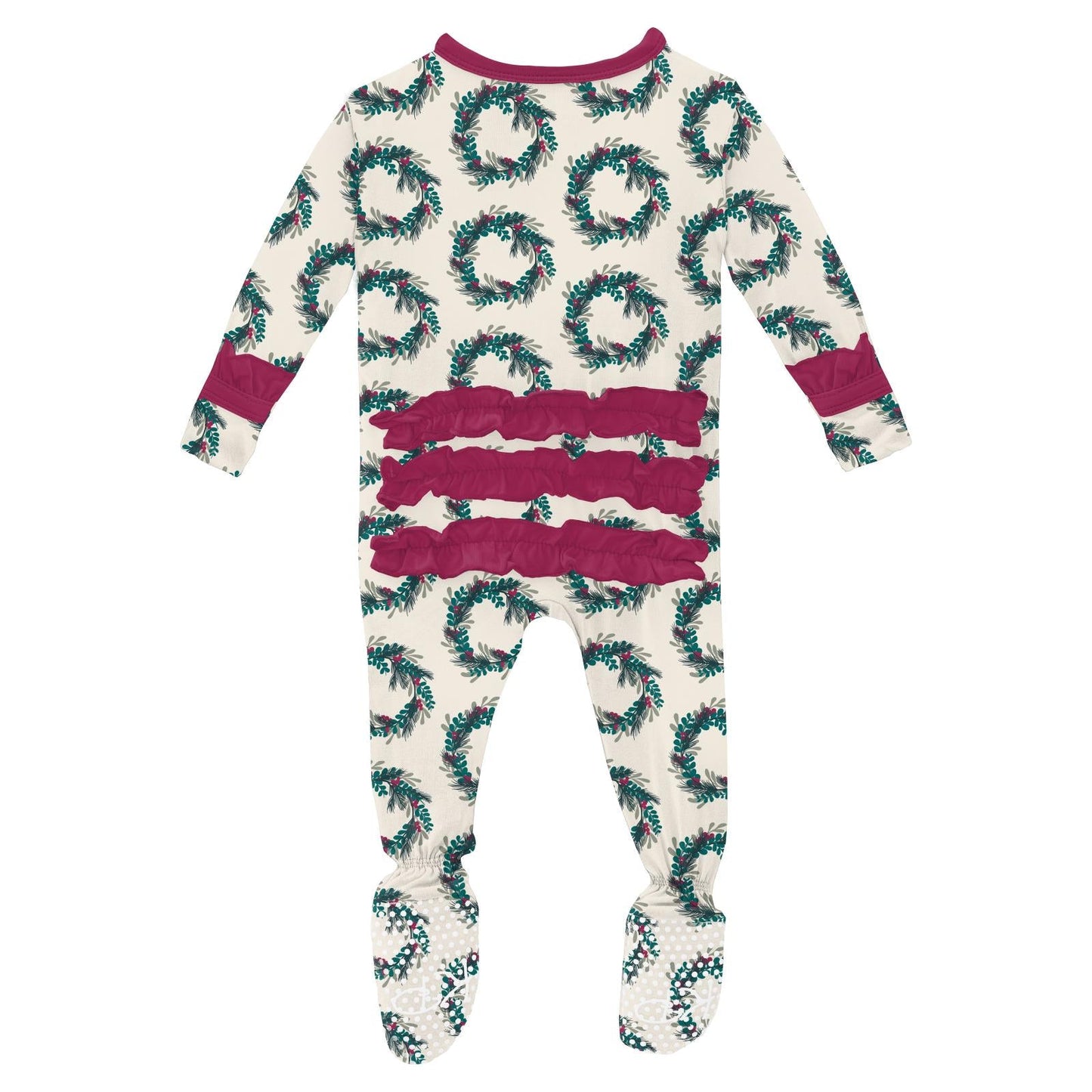 Print Layette Ruffle Footie with Snaps in Natural Holiday Wreath