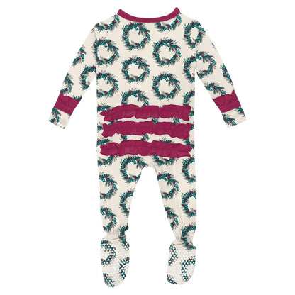 Print Layette Ruffle Footie with Snaps in Natural Holiday Wreath