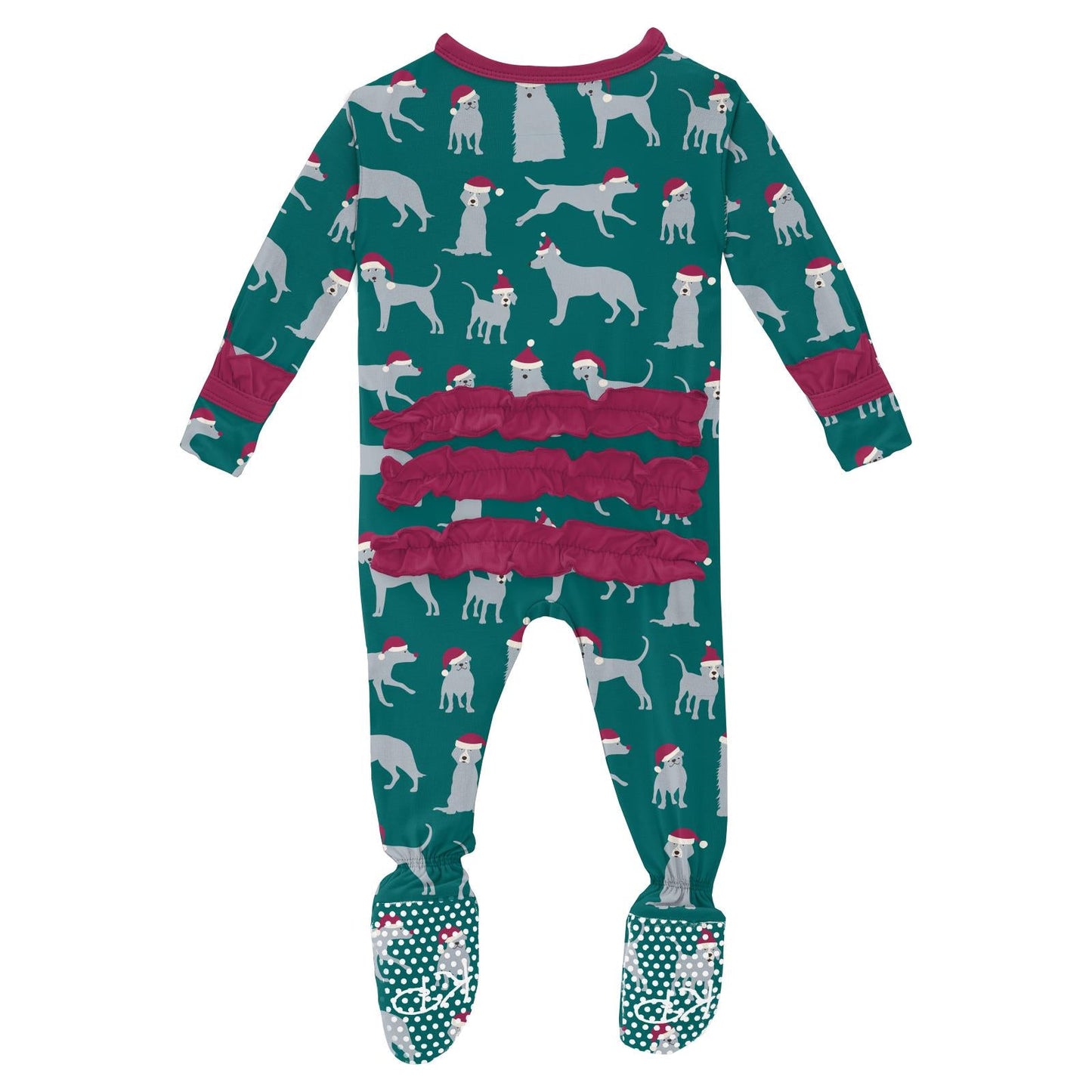 Print Layette Ruffle Footie with Snaps in Cedar Santa Dogs