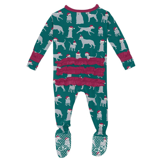 Print Layette Ruffle Footie with Snaps in Cedar Santa Dogs