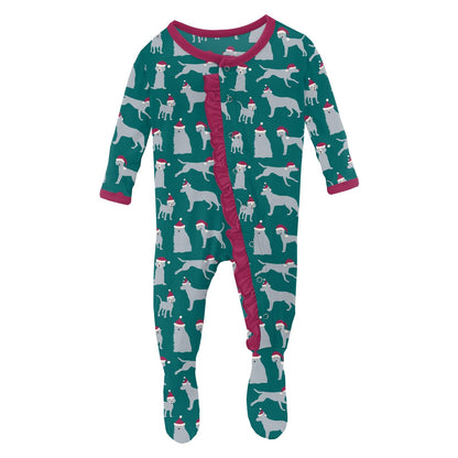 Print Layette Ruffle Footie with Snaps in Cedar Santa Dogs
