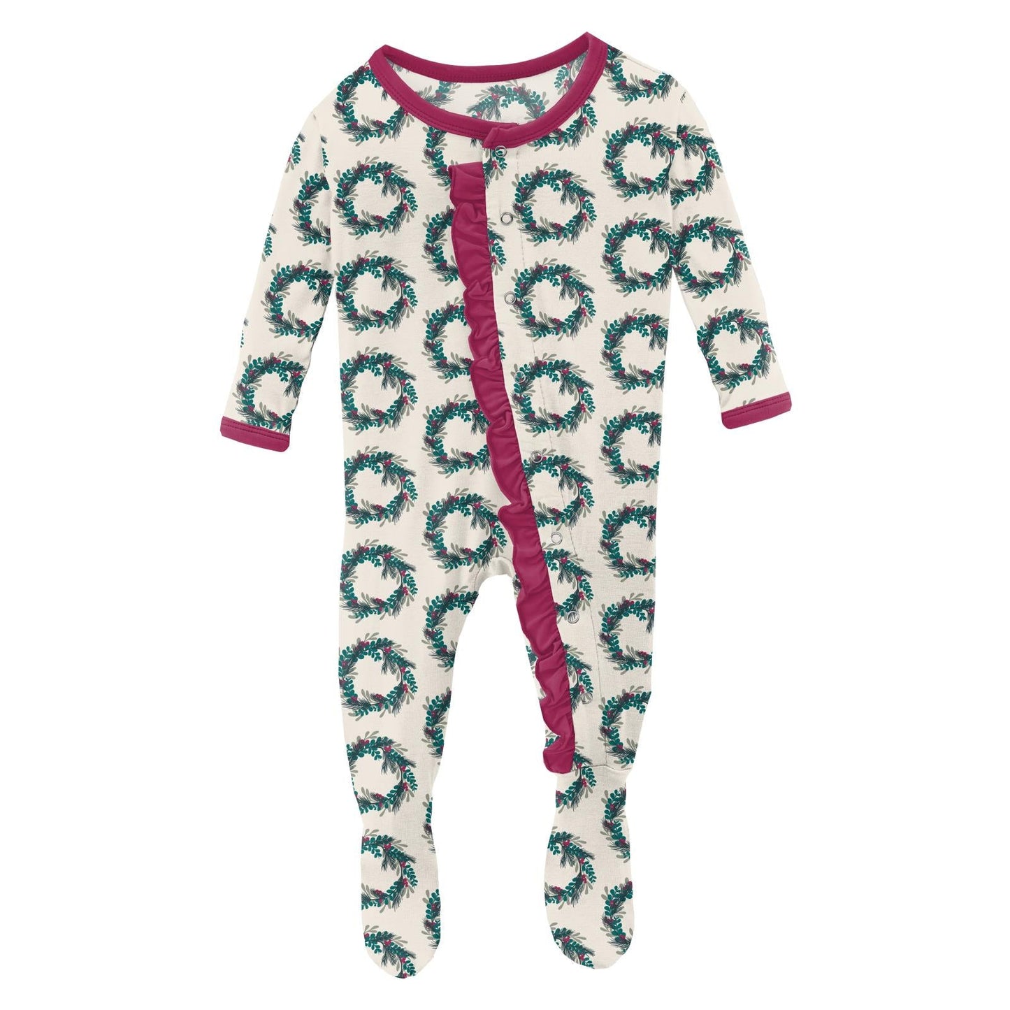 Print Layette Ruffle Footie with Snaps in Natural Holiday Wreath