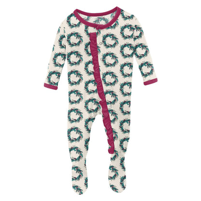 Print Layette Ruffle Footie with Snaps in Natural Holiday Wreath