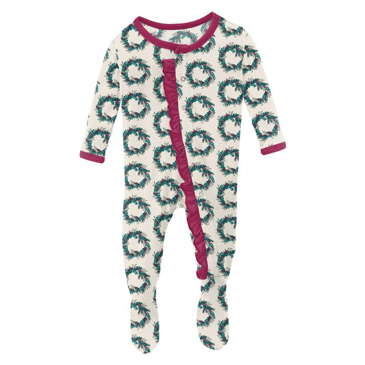Print Layette Ruffle Footie with Snaps in Natural Holiday Wreath