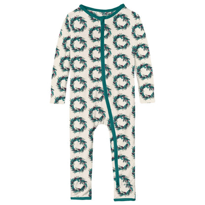Print Coverall with 2 Way Zipper in Natural Holiday Wreath