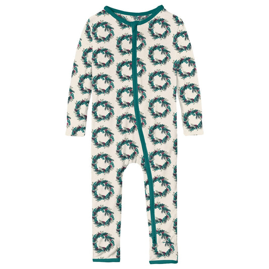 Print Coverall with 2 Way Zipper in Natural Holiday Wreath