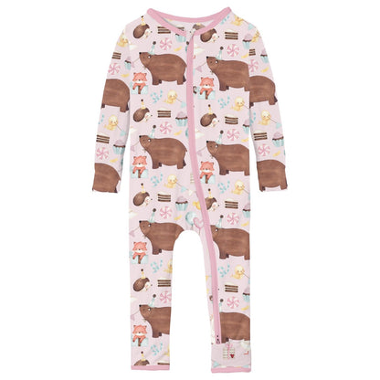 Print Coverall with 2 Way Zipper in Shrinking Violet Forest Party