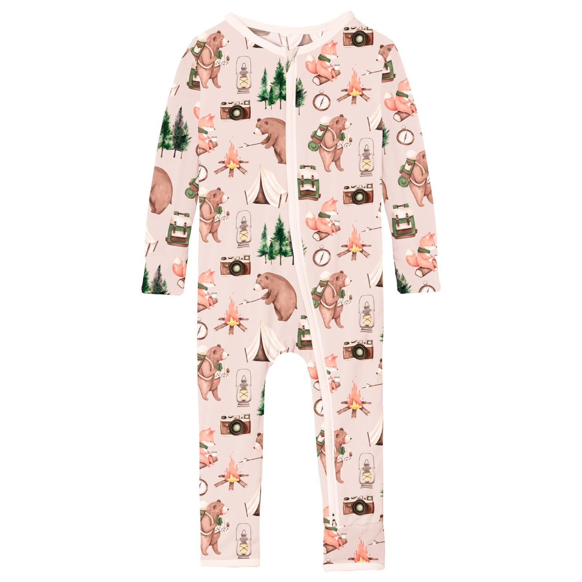 Print Coverall with 2 Way Zipper in Latte Camping Animals