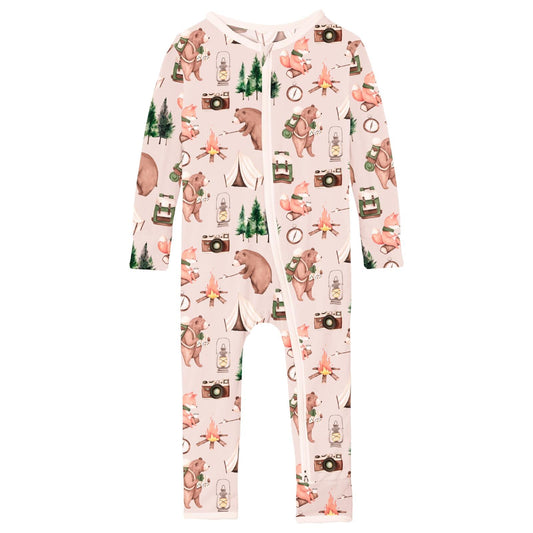Print Coverall with 2 Way Zipper in Latte Camping Animals