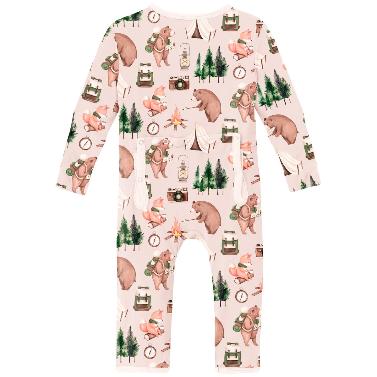 Print Coverall with 2 Way Zipper in Latte Camping Animals