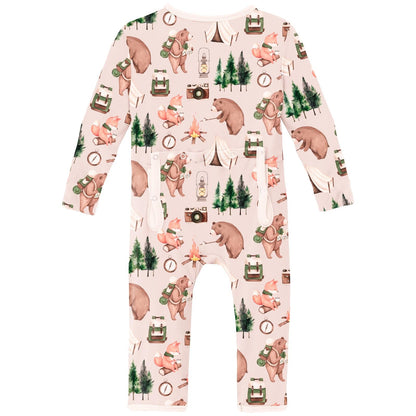 Print Coverall with 2 Way Zipper in Latte Camping Animals