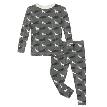 Print Long Sleeve Pajama Set in Pewter Christmas Tree Drag