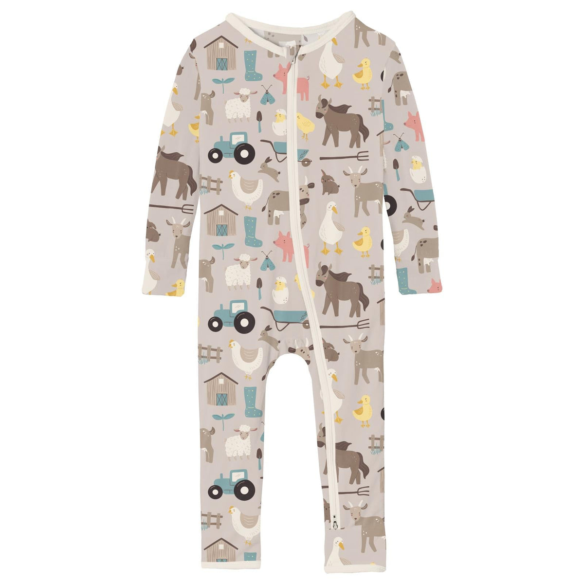 Print Coverall with 2 Way Zipper in Latte Morning on the Farm
