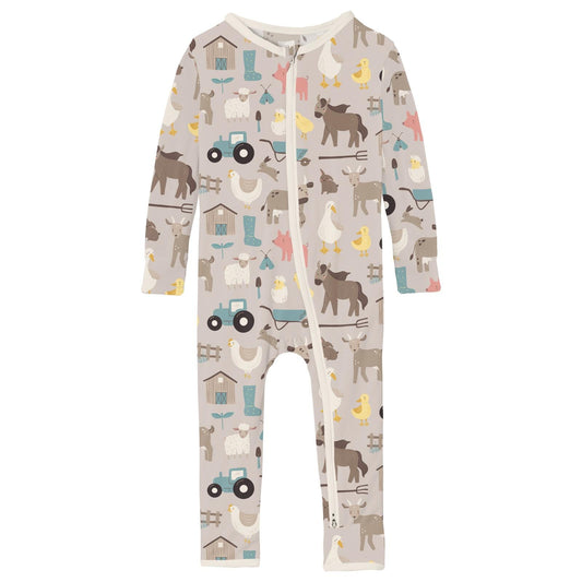 Print Coverall with 2 Way Zipper in Latte Morning on the Farm