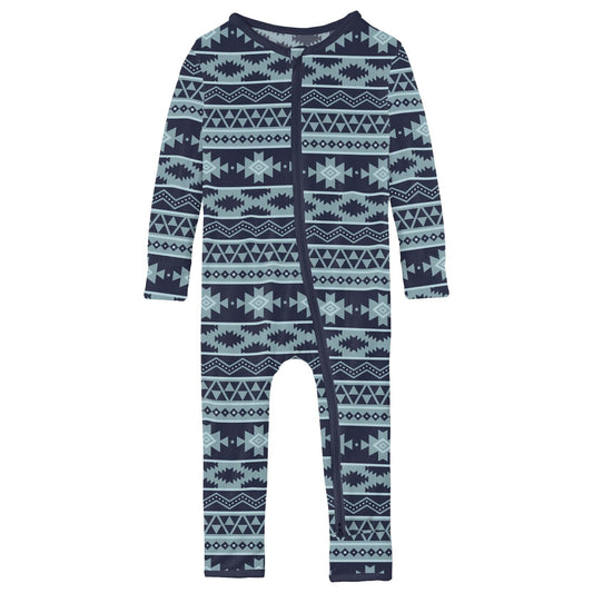 Print Coverall with 2 Way Zipper in Peacoat Mayan Print