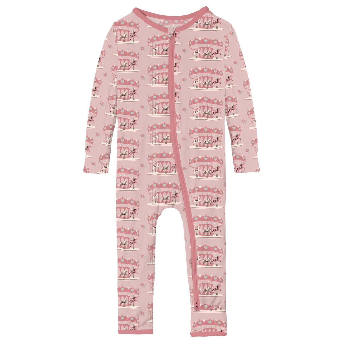 Print Coverall with 2 Way Zipper in Baby Rose Fair Carousel