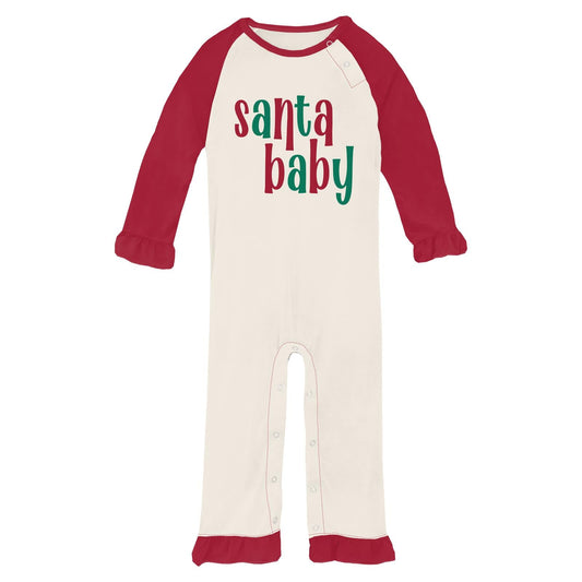 Long Sleeve Graphic Ruffle Raglan Romper in Natural Santa Baby