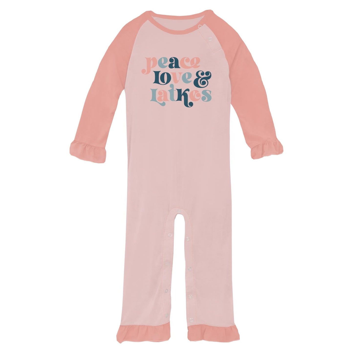 Long Sleeve Graphic Ruffle Raglan Romper in Baby Rose Peace Love Latkes