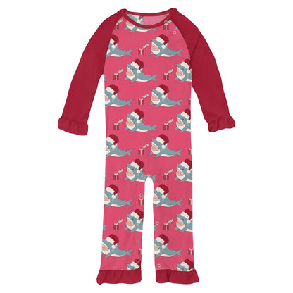 Print Long Sleeve Ruffle Raglan Romper in Winter Rose Holiday Sharks