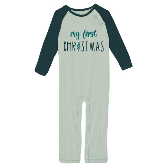 Long Sleeve Graphic Raglan Romper in Aloe First Christmas