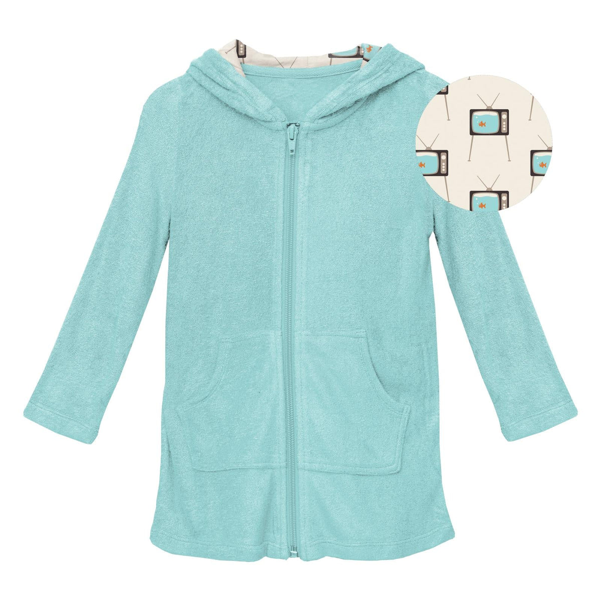 Terry Zip-Front After Swim Robe with Lined Hood in Summer Sky with Natural Vintage TV