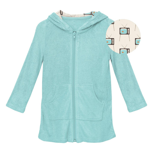 Terry Zip-Front After Swim Robe with Lined Hood in Summer Sky with Natural Vintage TV