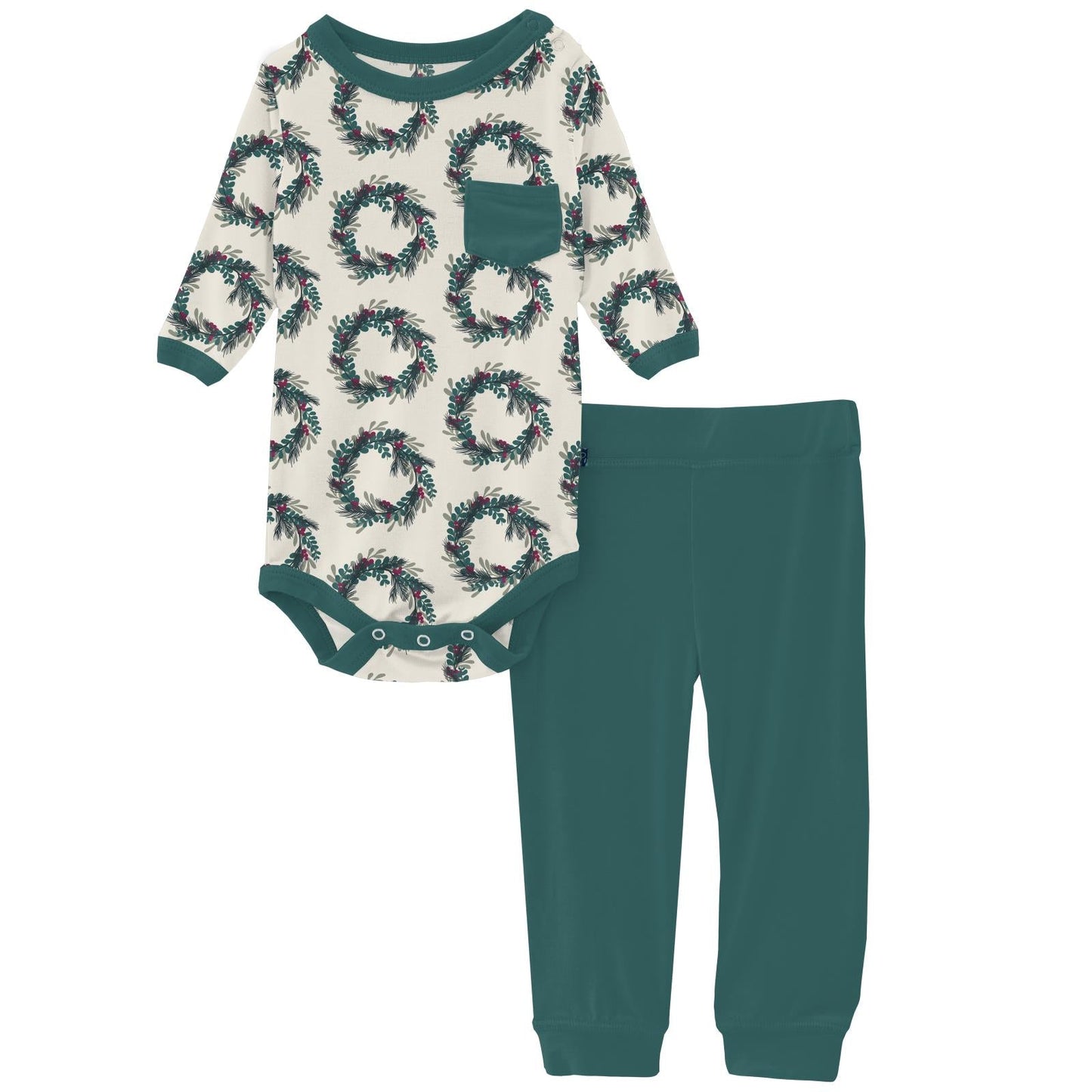 Print Long Sleeve Pocket One Piece & Pants Outfit Set in Natural Holiday Wreath
